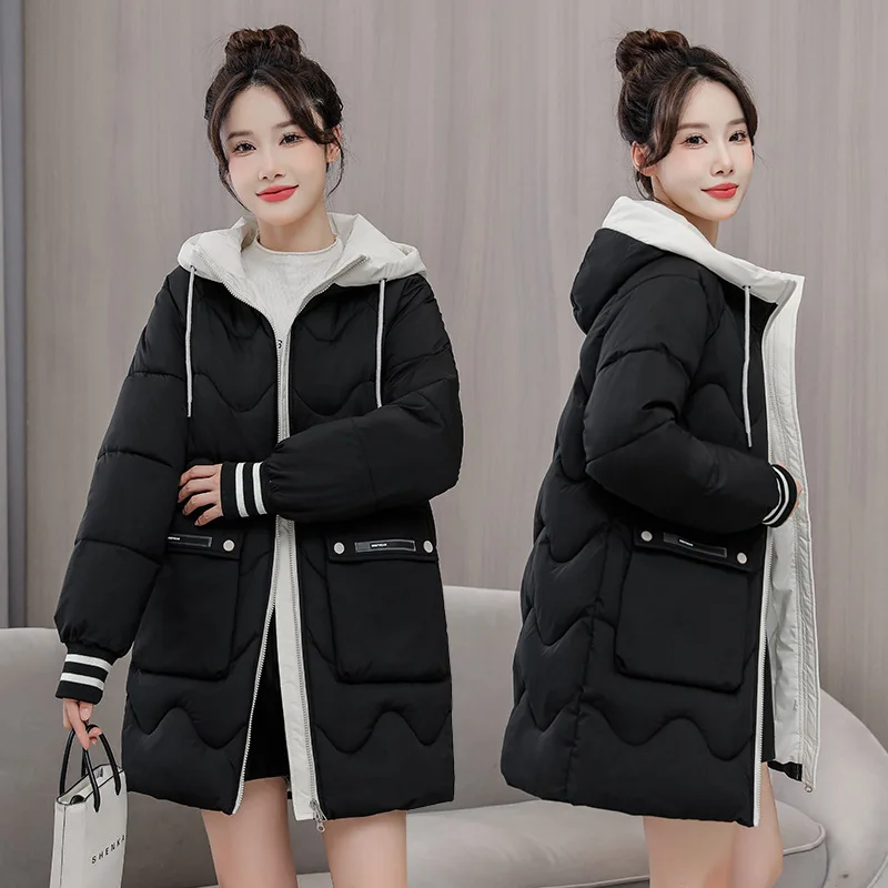 Down Cotton Women 2022 Winter New Korean Edition Students Padded Padded Jacket Loose Medium Long Color Coat