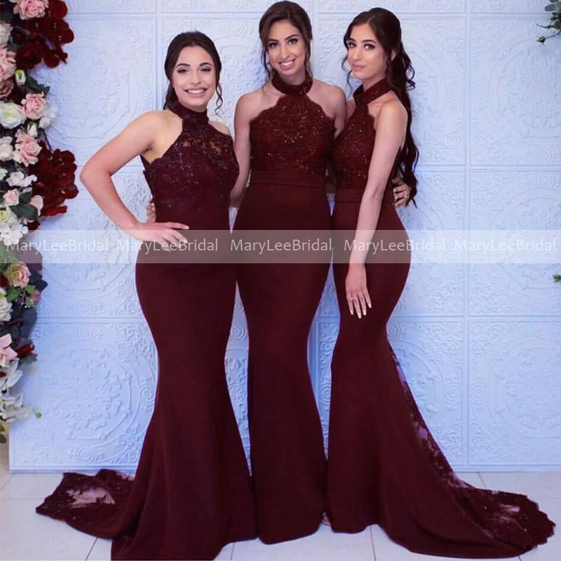 

Dark Wine Red Halter Neck Bridesmaid Dresses Beaded Lace Mermaid Long Wedding Guest Dress 2022 Women Reception Gowns for Party