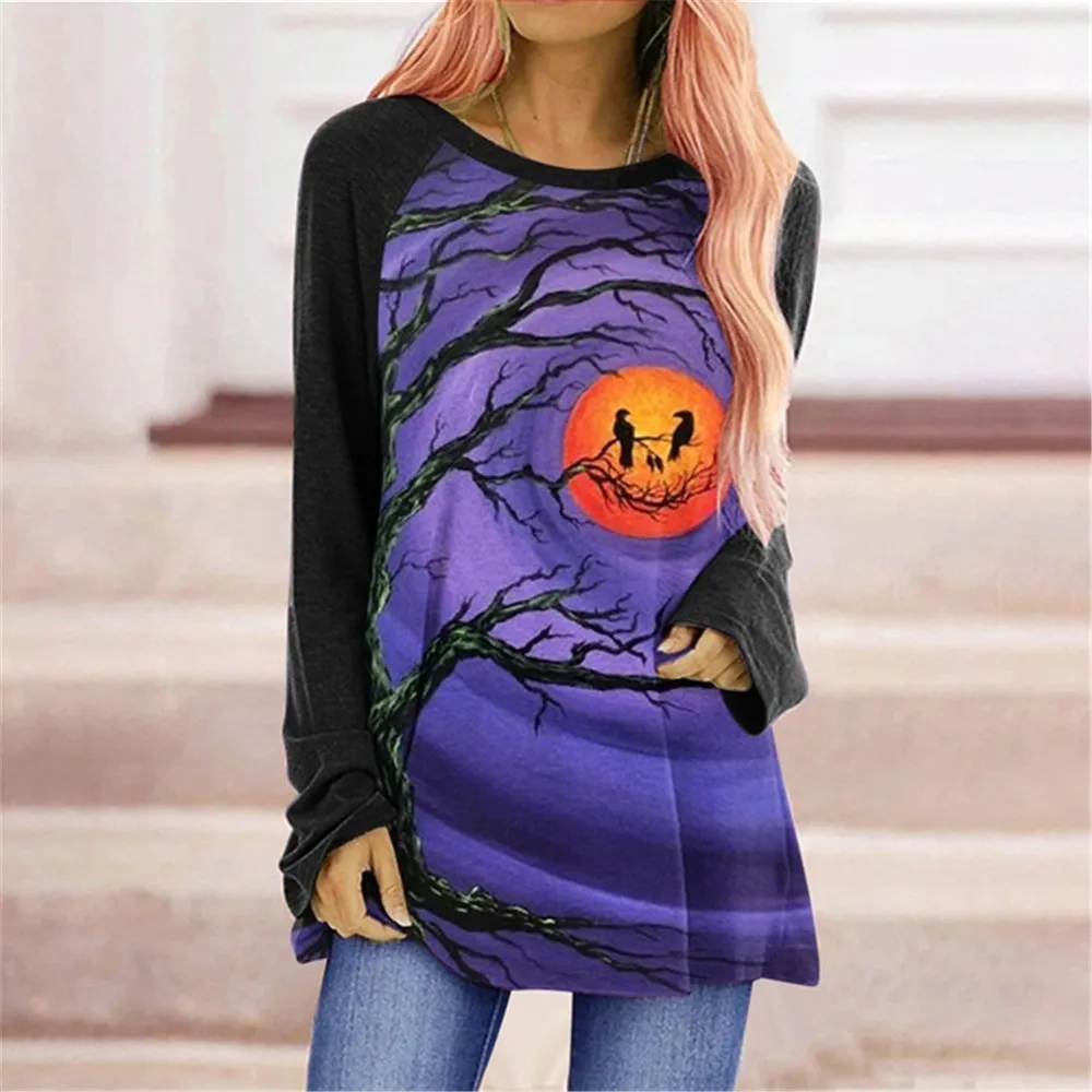 

Leisure Elegant Wacky Pumpkin Digital 3D Print Women T Shirt Long Sleeve Spring Autumn Loose Painting Cartoon O Neck Shirts
