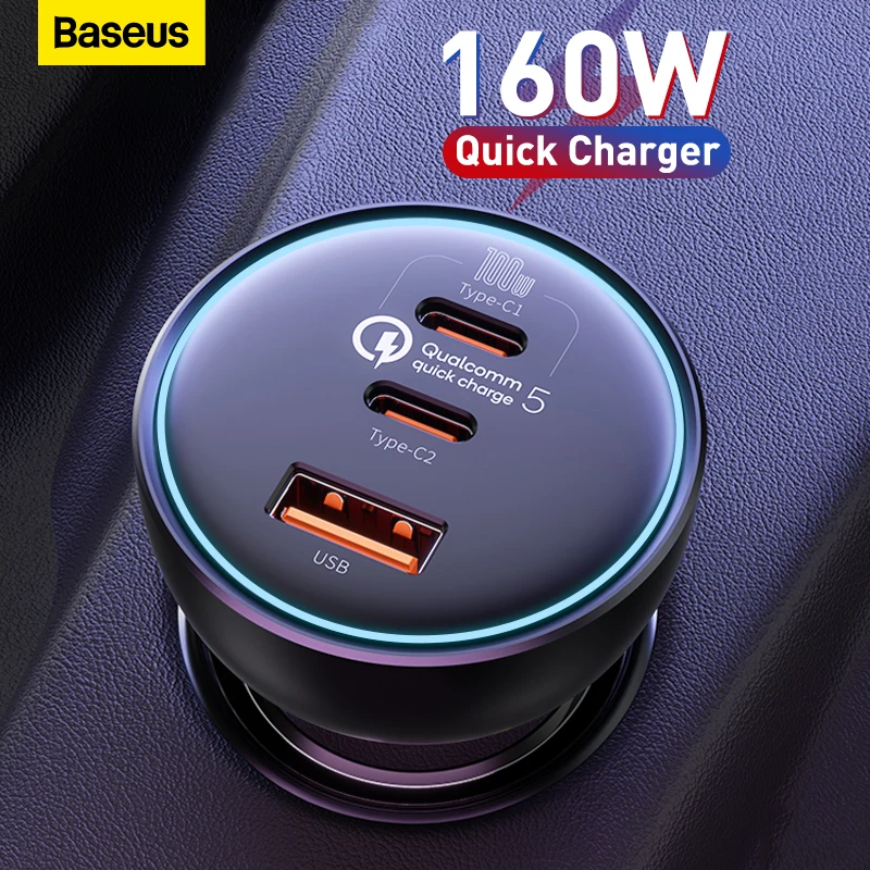 

Baseus 160W Car Charger QC 5.0 Fast Charging For iPhone 13 12 Pro USB Type C Quick Charger For Laptops Car Phone Charger