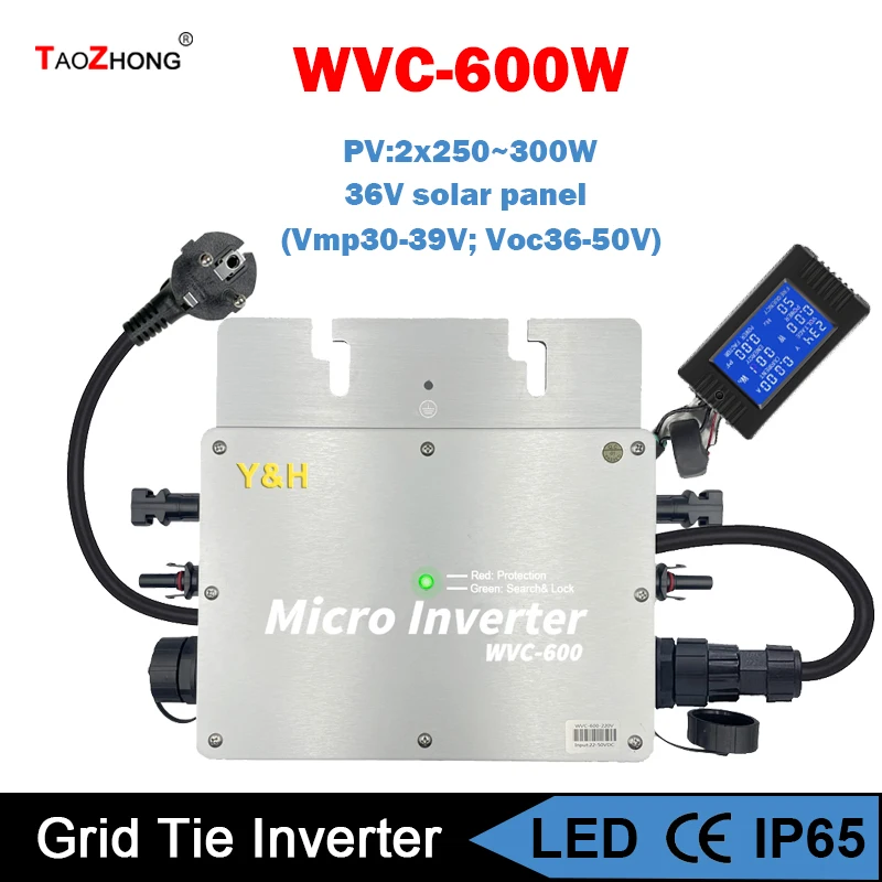 

WVC Series Waterproof Grade IP65 600W Micro Grid-Connected MPPT Inverter 120V 230V Auto Solar Grid Tie Converter DC28-50V