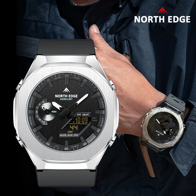 Фото Мужские цифровые часы NORTH EDGE MERCURY для активного отдыха, спортивные часы с мировым временем, LED-дисплей, водонепроницаемые до 50 м, будильник, секундомер №2