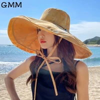 summer women double sided ink painting large brim beach sunscreen cap oversized sun hats foldable anti uv bandage cap for women