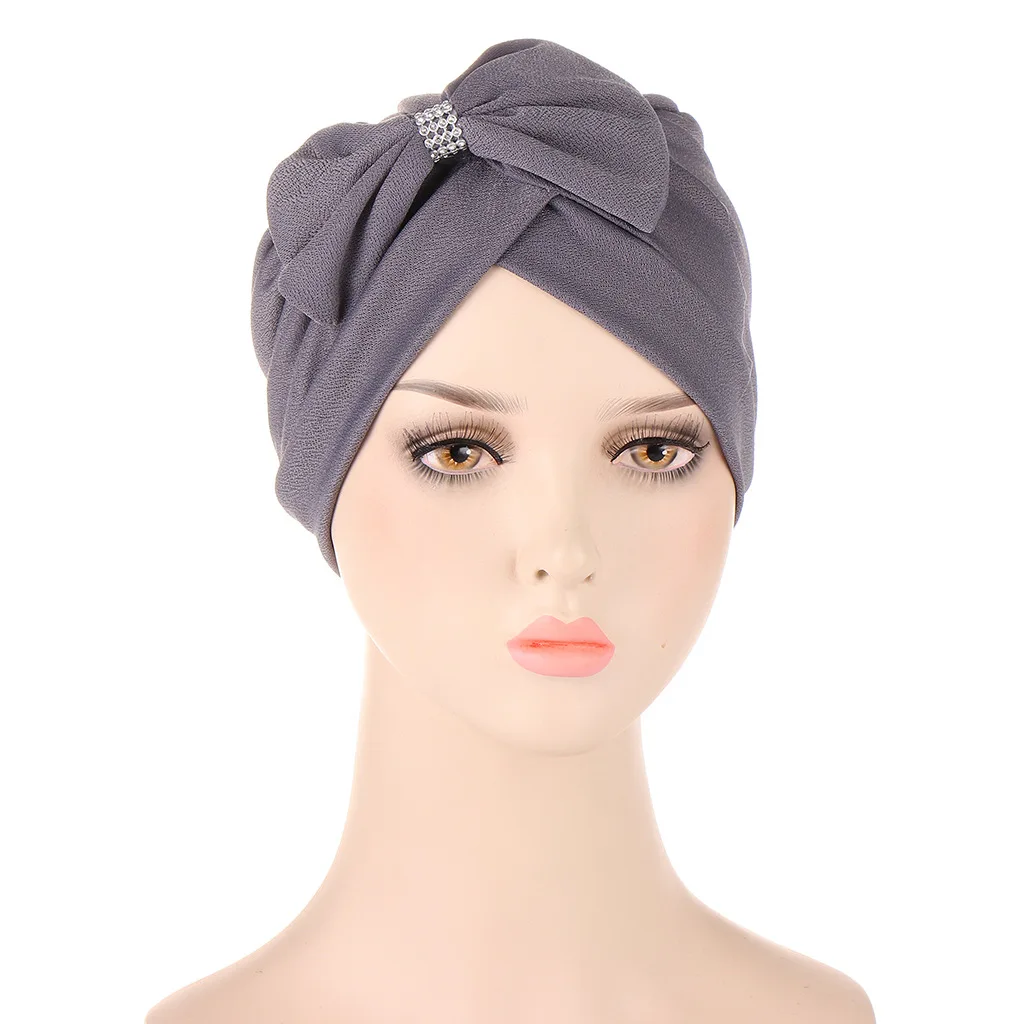 

Fashion Multicolor Bowknot Muslim hijab Fashion Turban Hat Cross Forehead Big Bow Diamond-Studded Turbans For Women Headwrap