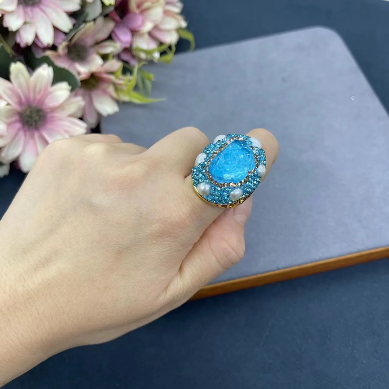 Женское кольцо с аквамарином индивидуальное модное инкрустированное роскошное