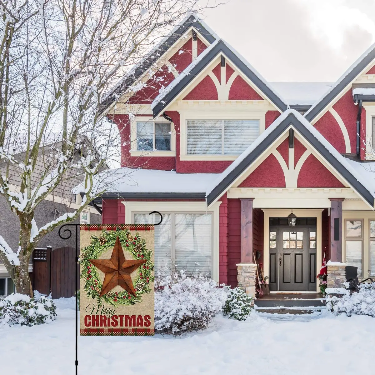

Barn Star Wreath Happy Winter Double Sided Merry Christmas Garden Flag Banner for Outside House Yard Home Decorative
