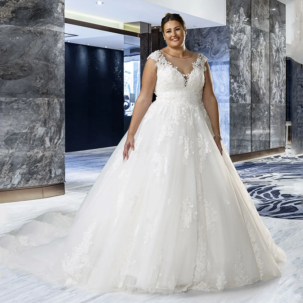 

Jiayigong Classic Wedding Dress Plus Size Cap Sleeve Scoop Neck White/ Ivory Lace Applique Sweep Train Ball Gown Bridal Dresses