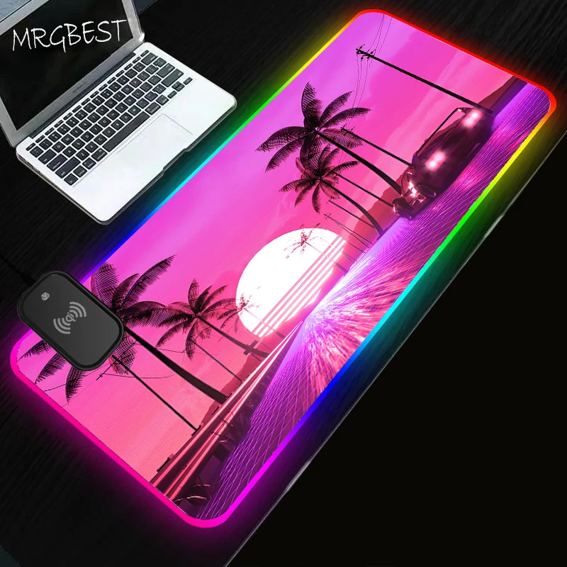 

Car Night Scenery Palm Trees Wireless Charging Mouse Pad Vaporwave Mousepad Rgb Gaming Computer Rug Office Desks Gamer Carpet