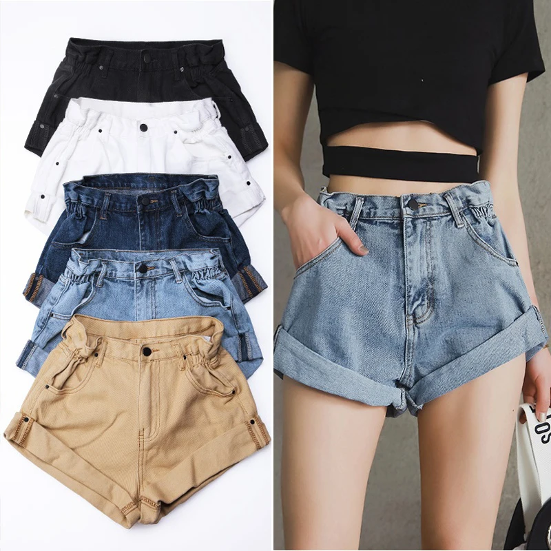 

Women's Denim Shorts Vintage Crimping High Waist Shorts Female 2021 Korean Style Caual Elegant Summer Ladies Black Shorts Jeans