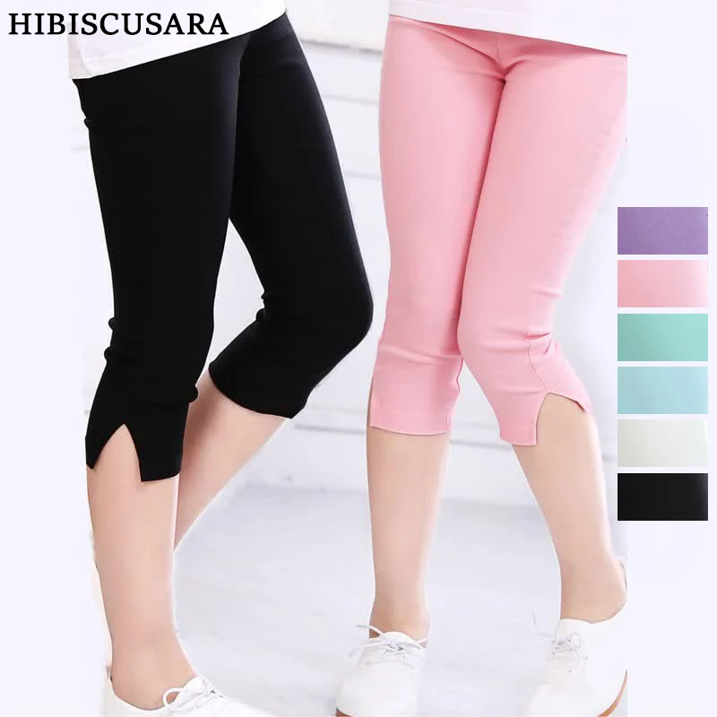 

Летние облегающие брюки до щиколотки для девочек с разрезом, Детские эластичные брюки-леггинсы, подходящие ко всему