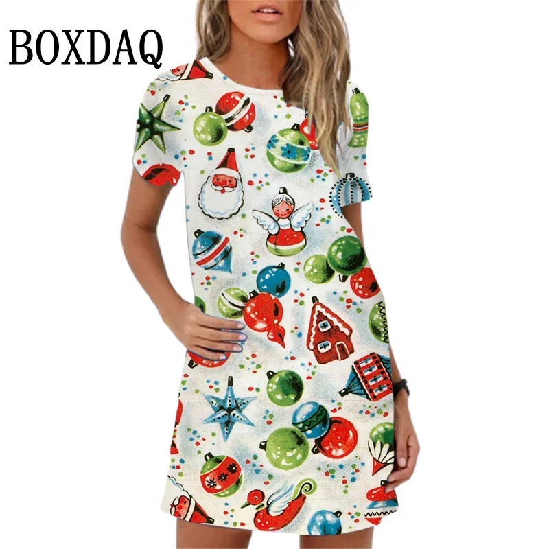 Рождественский рисунок Женское платье Летнее с короткими рукавами O воротник