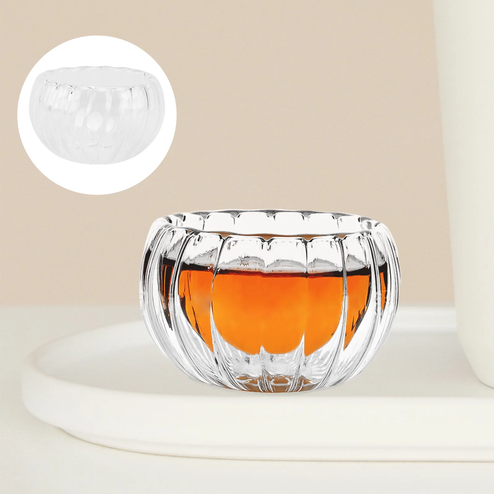 

6Pcs Double-Layer Pumpkin Stripe Glass Tea Cups Tea Serving Mugs (Transparent)