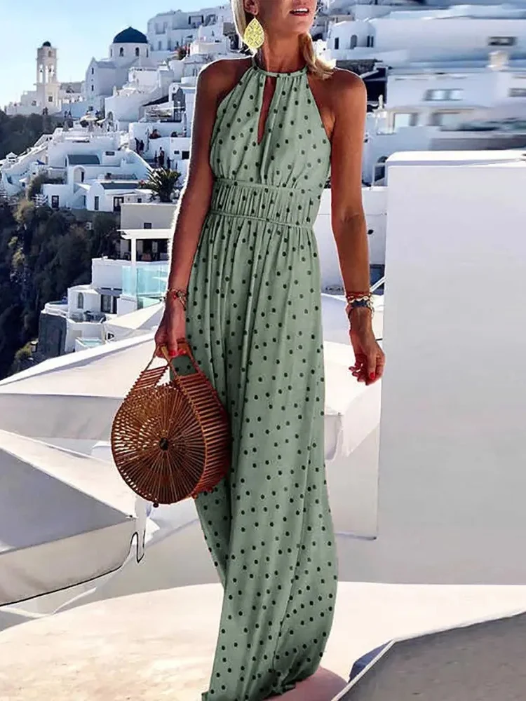 

Mandylandy Women Elegant Bohemian Dot Print Long Dress Fashion Female Y2K Sleeveless Halter High Waist Corset Loose Dress