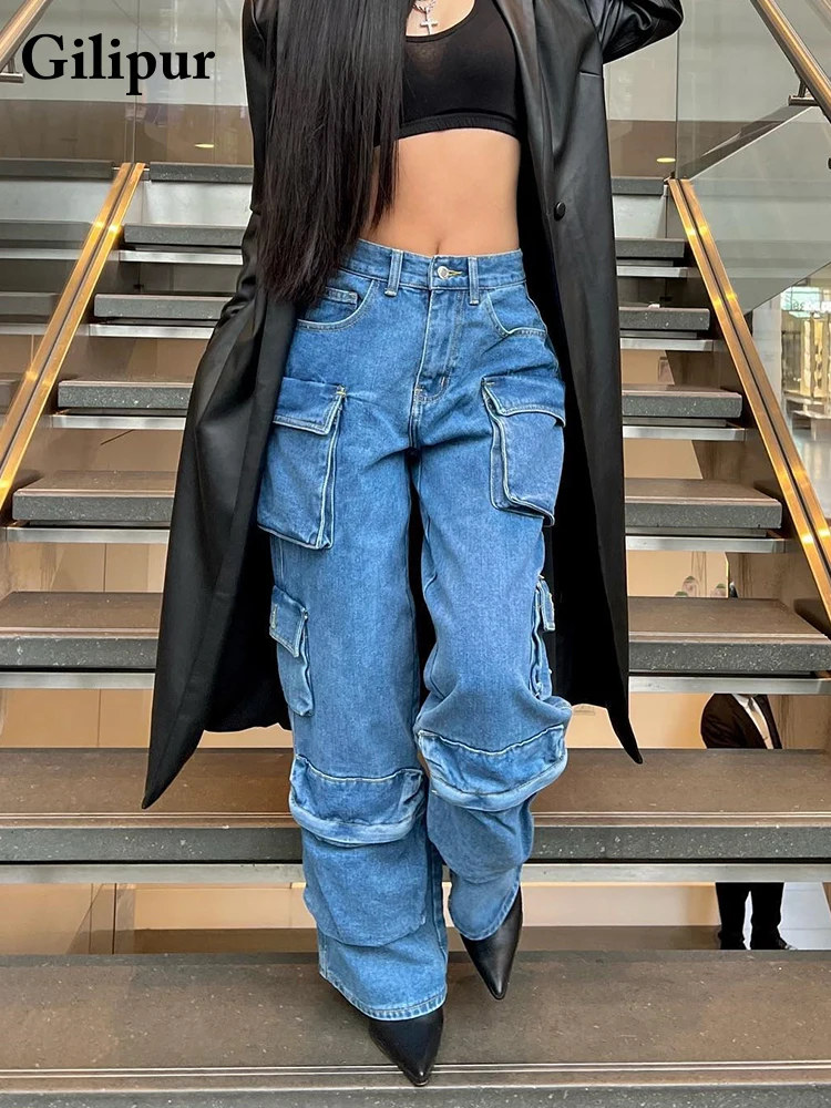 Vintage Cargo Pants Baggy Jeans Women 90s Streetwear Pockets Wide Leg Overalls High Waist Straight Denim Trousers High Quality