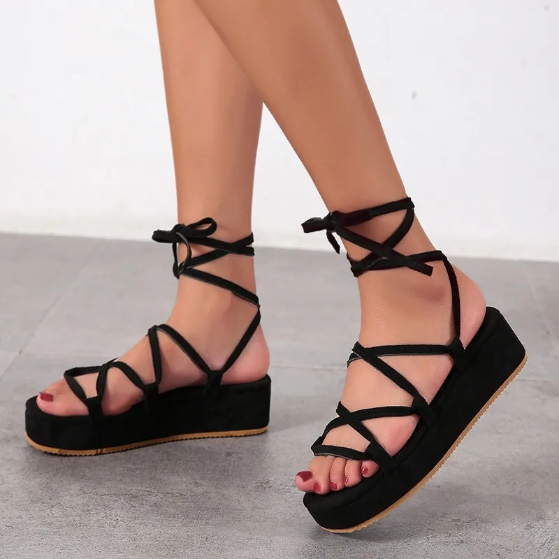

2022 Women Gladiator Cross Tie Sandals Ladies Casual Open Toe Shoes Female Thick Bottom Platform Comfortable Flat Big Size