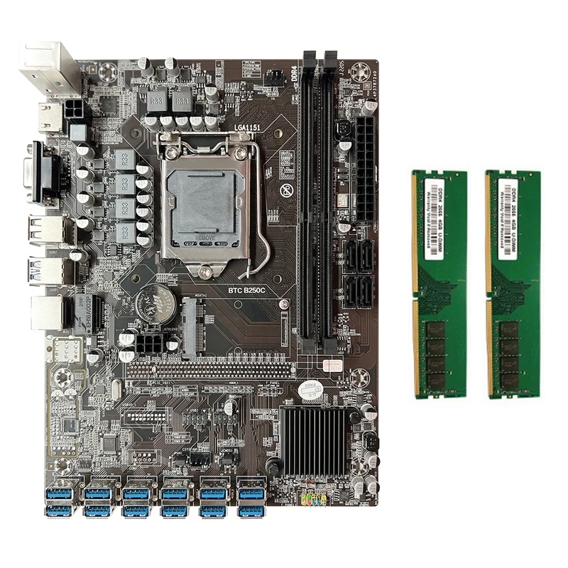 

B250C BTC Mining Motherboard 12X PCIE To USB3.0 GPU Slot LGA1151 Miner Motherboard+2XDDR4 4GB 2666Mhz RAM Memory