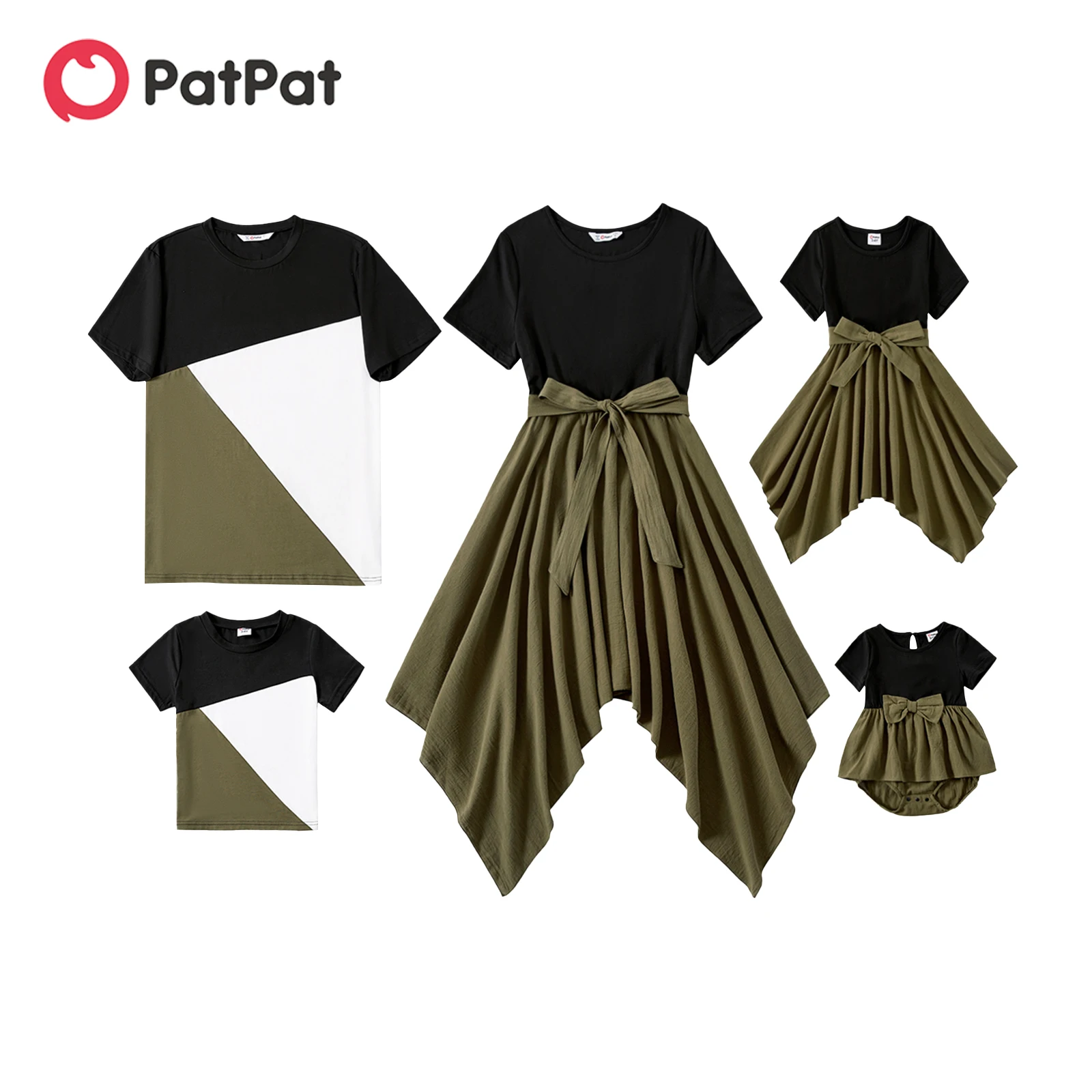 

PatPat Family Matching Solid Short-sleeve Asymmetric Hem Spliced Cotton Dresses and Colorblock T-shirts Sets
