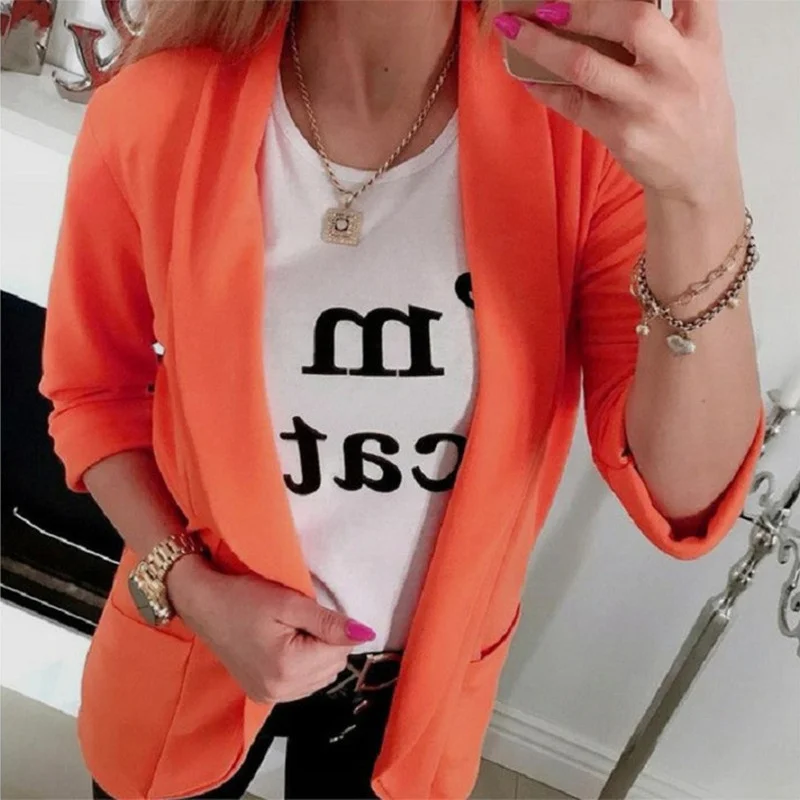 Simple Slim Blazer with Pocket Women Solid Colors Buttonless Lapel Casual Office Blazer 2021 Lady New Work Wear Formal Clothing