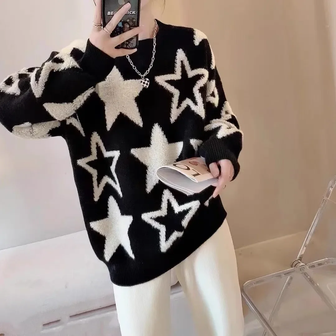 Японский вязаный пуловер женский свитер свободного покроя с узором в виде звезд