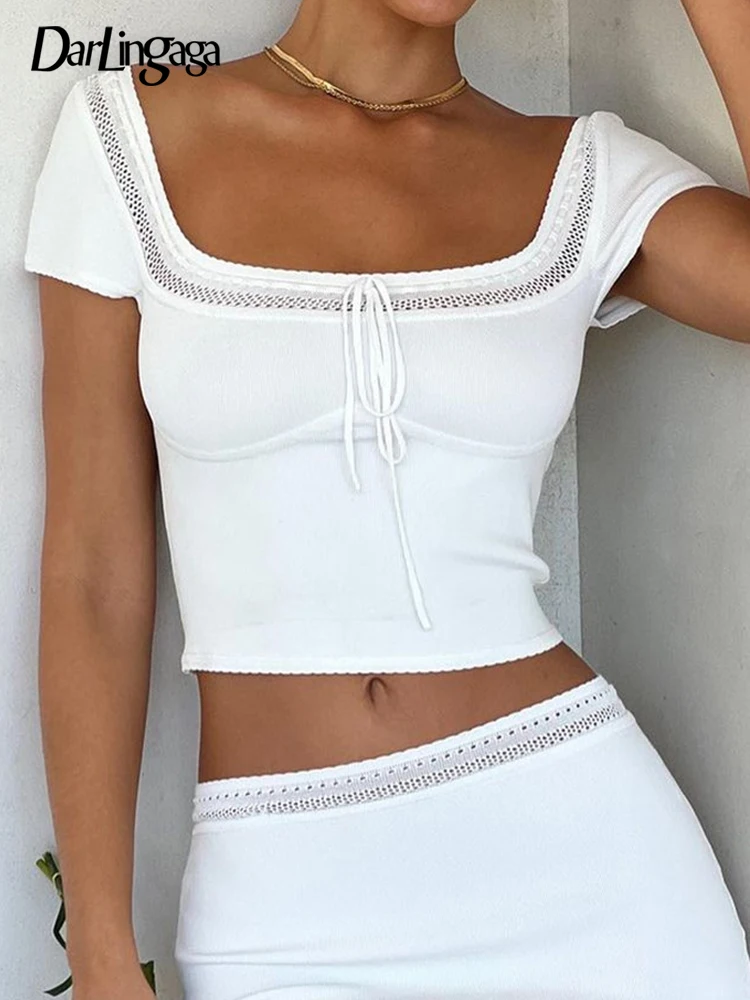 

Darlingaga Chic Fashion Square Neck Skinny White Women T-shirts Short Sleeve Slim Basic Shirring Crop Top Tee Lace Trim Outfits