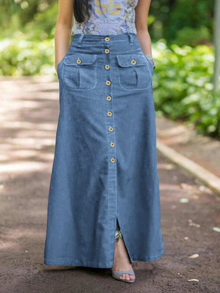 Фото Женские юбки в стиле ретро ZANZEA 2022 летняя джинсовая синяя длинная юбка