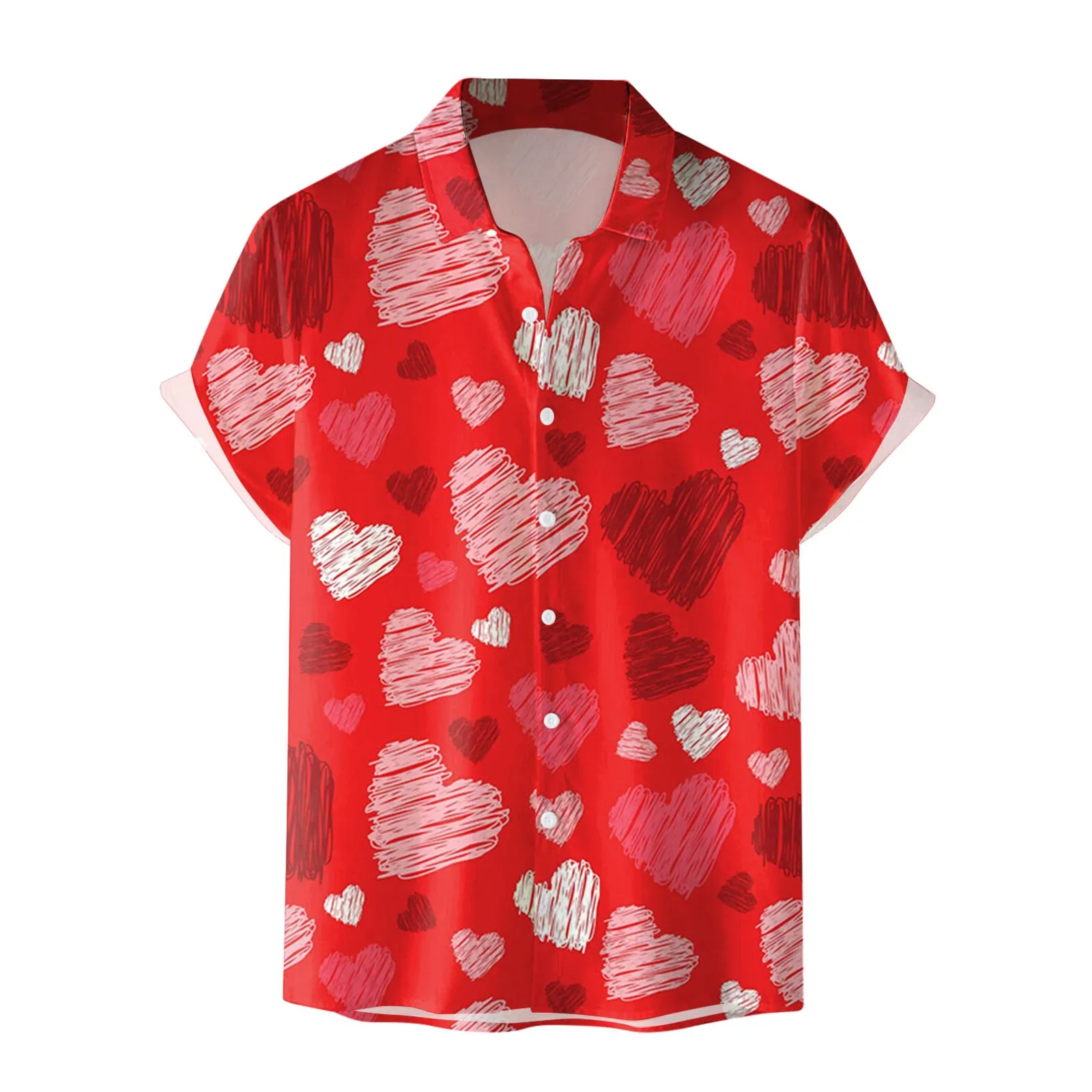 

Mens Valentine 3D Digital Printing Pocket Buckle Lapel Short Sleeve Shirt