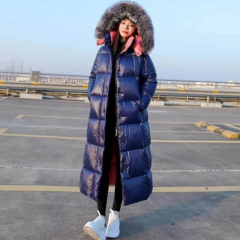 Down Cotton Jacket Women 2022 Winter Loose Shiny Fashion Casual Padded Coat Female Long Over Knee Thick Fur Collar Warm Parkas