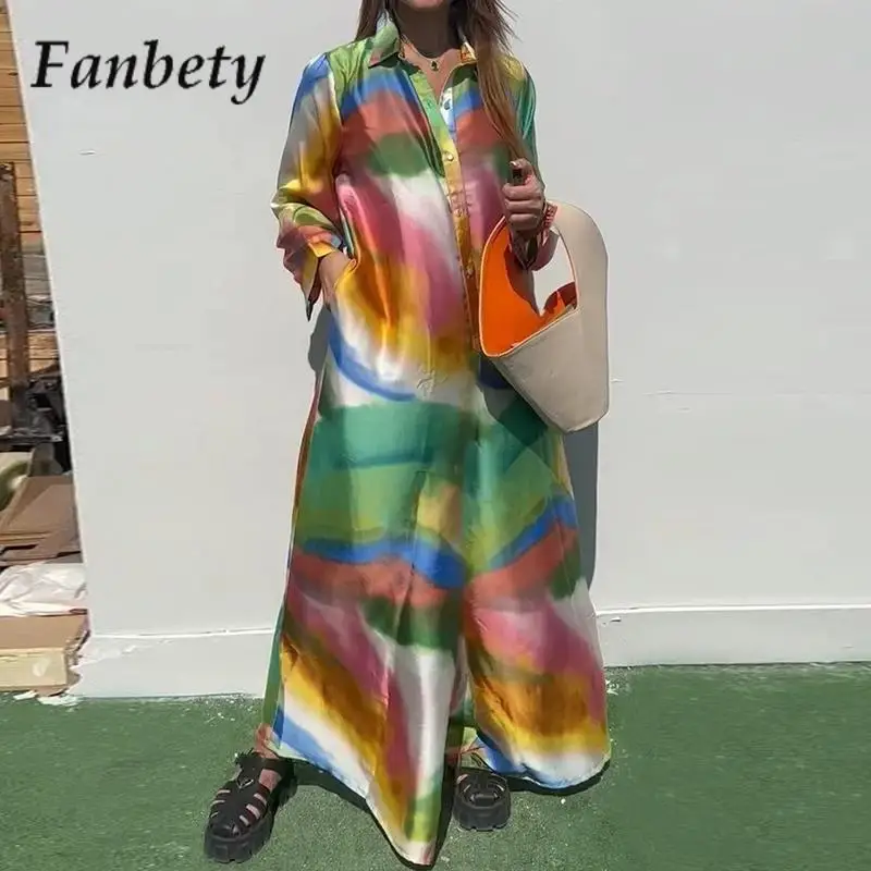 

Women'S Fashion Tie-Dye Printed Pattern Long Sleeve Dress Autumn Elegant Lapel Button Long Dress Vintage Pullover Bohemian Dress