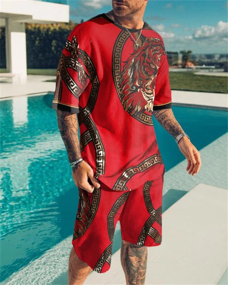 Summer European and American Tracksuits Oversized Men's Trend Casual Beach Style Texture 3D Digital Printing T-shirt Shorts Suit