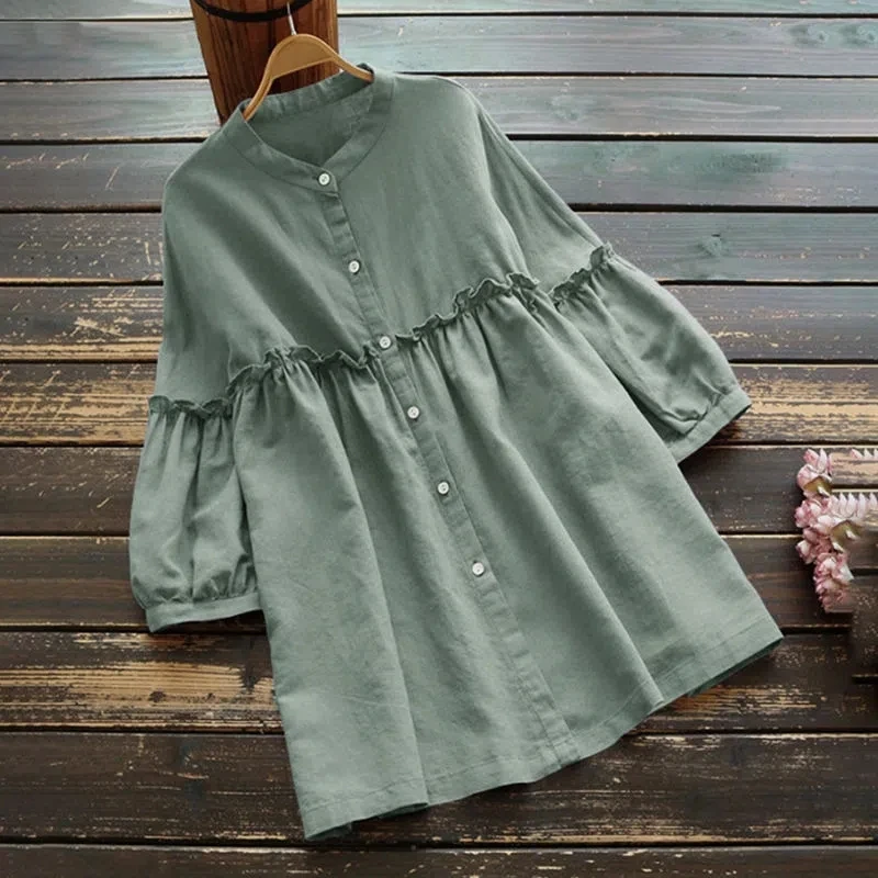 

Loose O Neck Oversized Solid Women Shirt Leisure Ruffles 3/4 Sleeve Vintage Green Black Blouses Casual Button Up Tops Blusas
