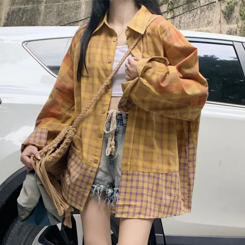 Плюс размер корейская клетчатая рубашка с вышивкой повседневная модная куртка