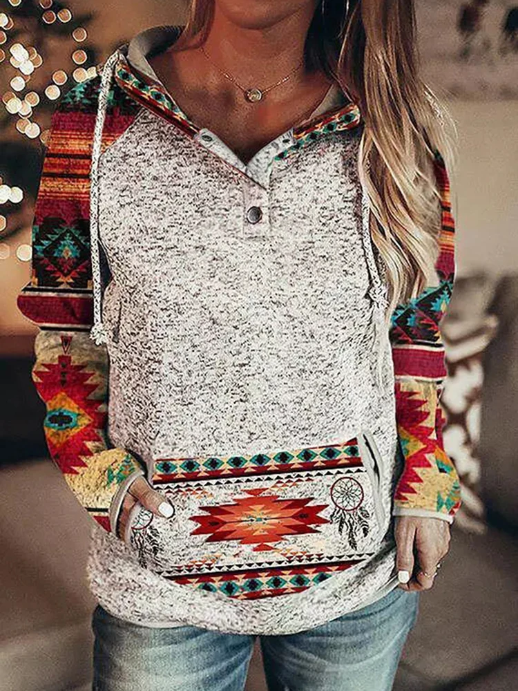 

Женский свитер с капюшоном, винтажный свитер с этническим принтом, пуловер с длинным рукавом и принтом, свободная толстовка, осенняя Повсед...
