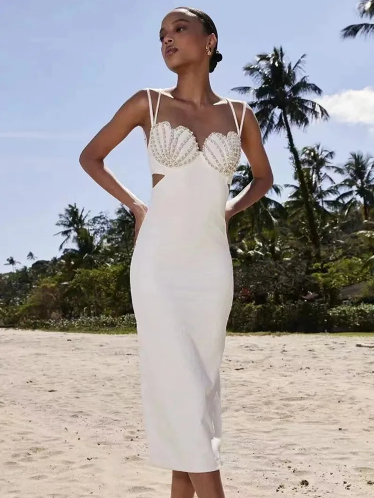 

New Summer Fashion Women Sexy V Neck Beading White Black Bodycon Midi Bandage Dress 2023 Elegant Evening Club Party Dress