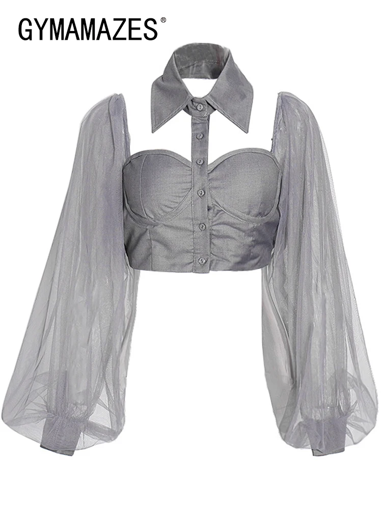 

GYMAMAZES оригинальная женская рубашка с открытыми плечами, отворот, рукав-фонарик, Лоскутная сетчатая облегающая блузка, женская модная одежда...