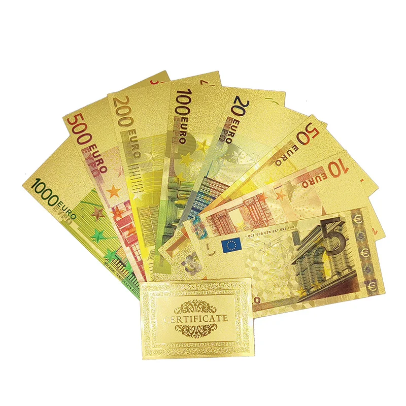 

10pcs Gold Plated Banknotes Euro 5 10 20 50 100 200 500 100 Prop Money Plastic Cards Coenyerfiet Money Gifts Free Shipping