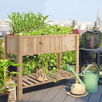 47 Inch Wooden Raised Garden Bed with Bottom Shelf and Bed Liner Plant Shelves Outdoor Furniture