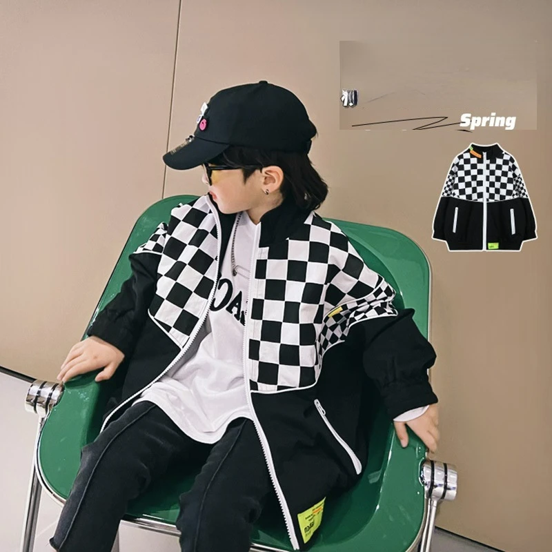 

Boys' coat in the spring and autumn of 2022 new Korean children's black and white plaid stitching jacket western zipper jacket