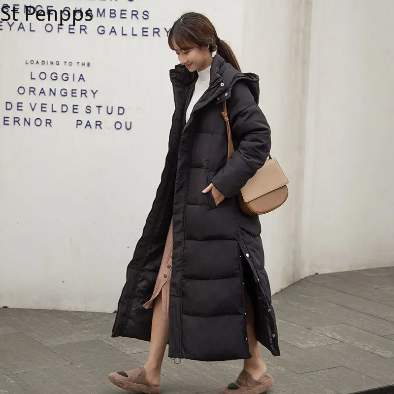 Новинка 2022 длинное зимнее пуховое пальто с капюшоном из хлопка женские