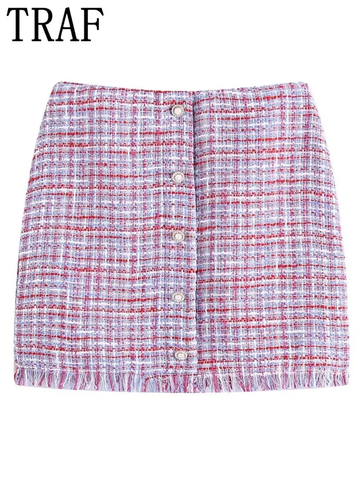 

TRAF Faux Pearl Tweed Skirt Women High Waist Short Skirts Woman Fashion 2022 Vintage Plaid Mini Skirt Frayed Hem Elegant Skirts