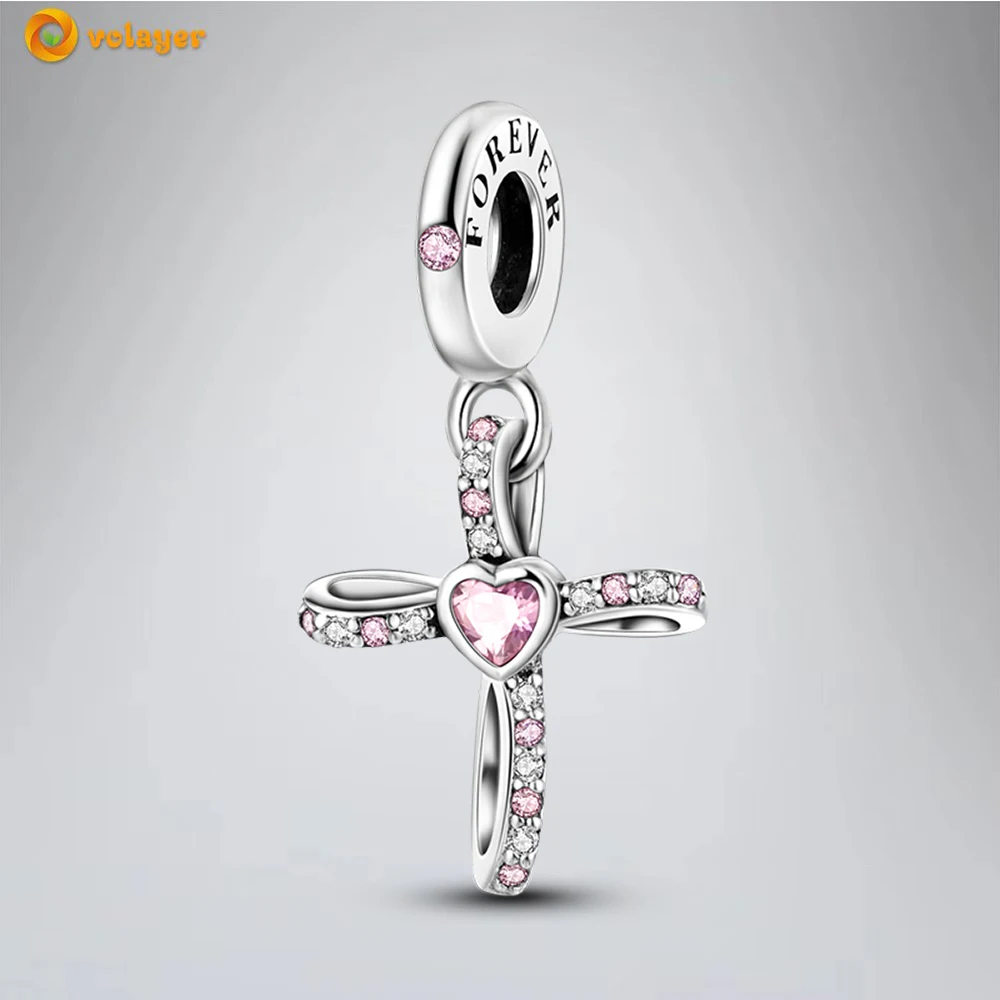 

Volayer 925 Sterling Silver Beads Cross Pink Zirconia Dangle Charm fit Original Pandora Bracelets or Necklaces for Women Jewelry