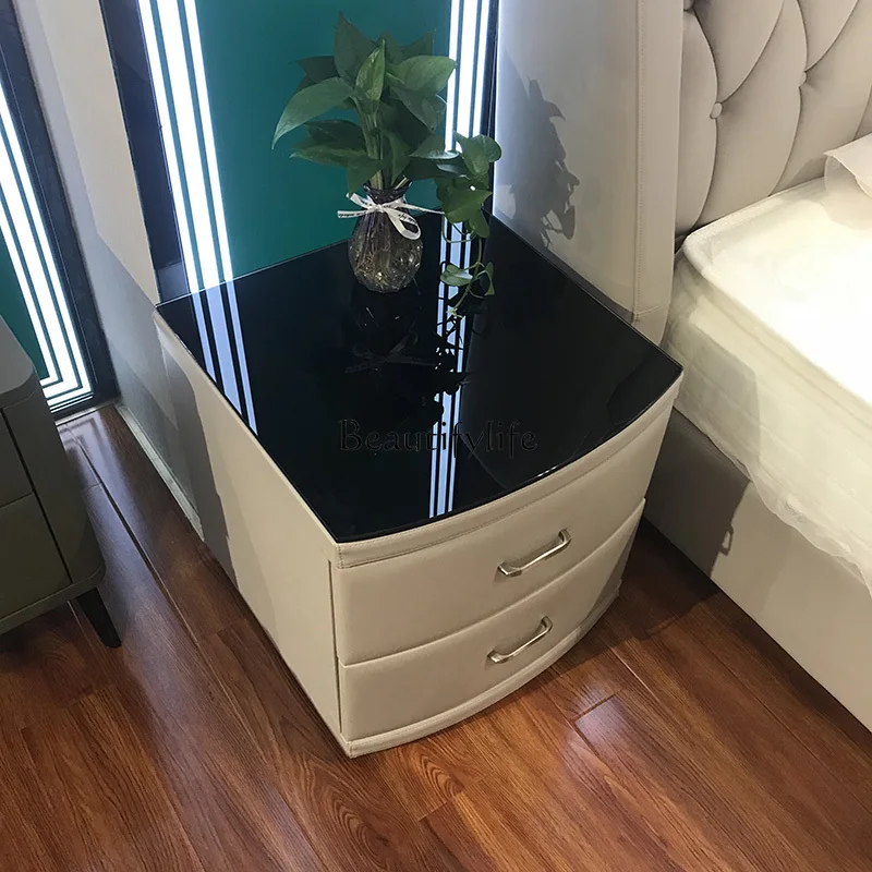 Современный минималистичный темно-синий кожаный прикроватный шкафчик из