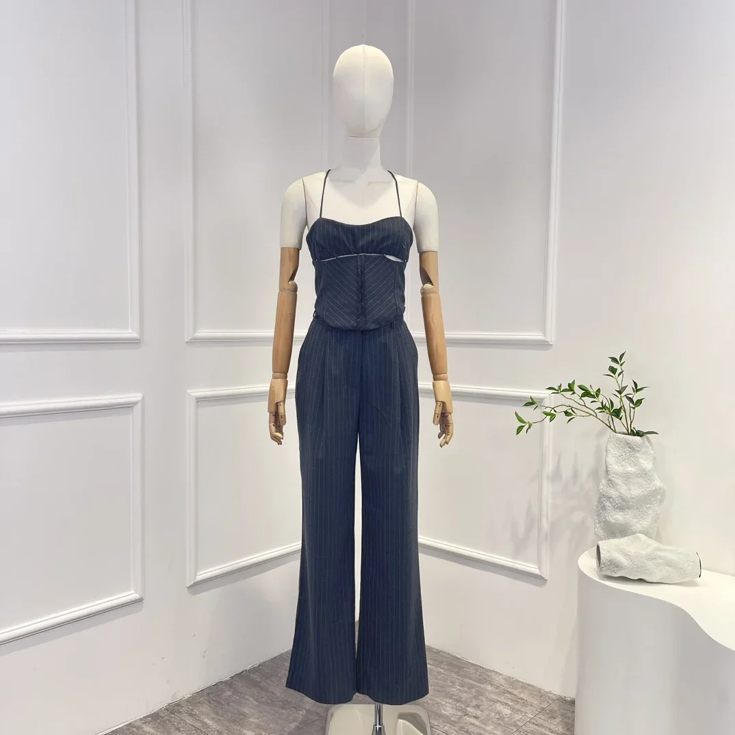 

Dark Grey White Striped Sleeveless Tops Pants Set High Quality 2023 New Autumn Winter Fashion Ladies Suit