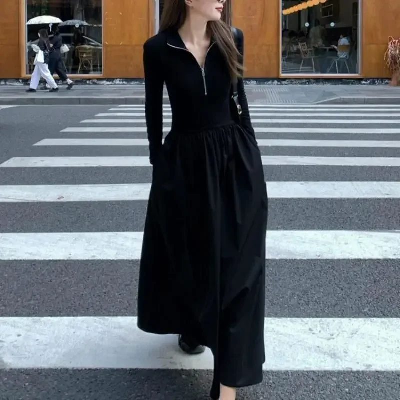 Осеннее элегантное черное платье в светском стиле для похудения с длинными