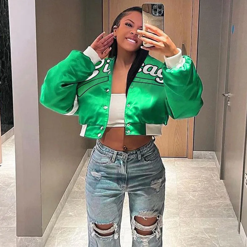 

2022 Autumn Women's English Letter Embroidery Contrast American Baseball Jacket Street Fashion Round Neck Long Sleeve Top