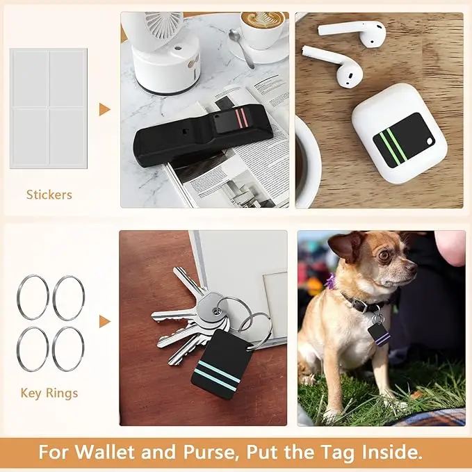 Фото Набор из 4-х устройств «Наход мои ключи» |   Наклейте на удаленный звуковой сигнал, метки трекера для автомобильных ключей и телефонов, диапазон 120 футов, 80 дБ, RF №5