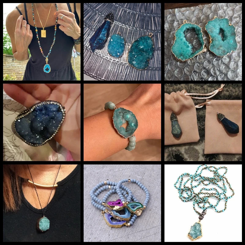 1PC Natural Blue Druzy Stone Pendant Connecter Metal Mineral Specimen Crystal Agates Slice Charm Geode Rough For Jewelry - купить по