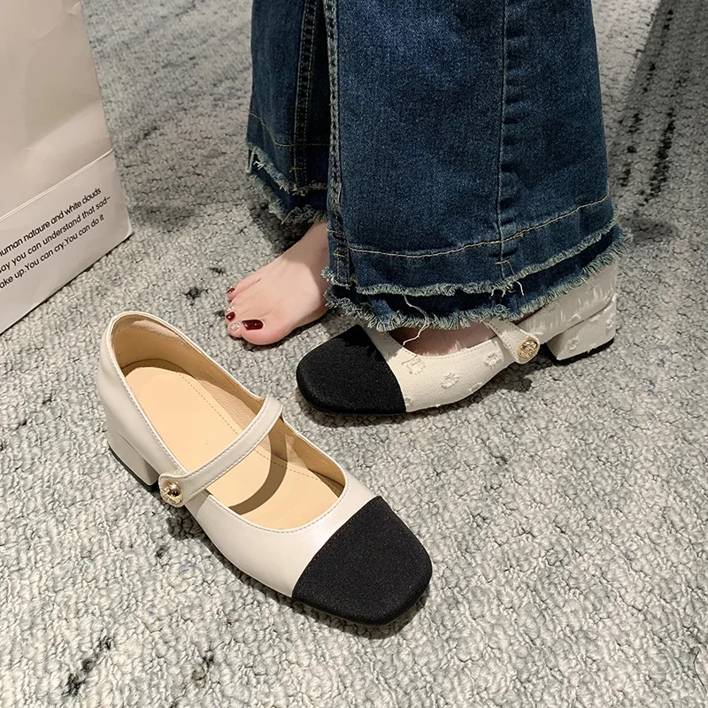 

Summer Small Fragrance Vintage Square Toe Mid-heel Color-block Buckle Casual Mary Jane Block Heel Women's Shoes Foreign Trade