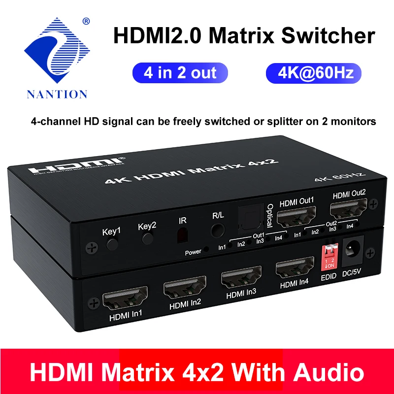 4K 60 Гц HDMI2.0 матрица 4x2 HDMI с Toslink аудио экстрактор сплиттер переключатель 4 в 2 выход
