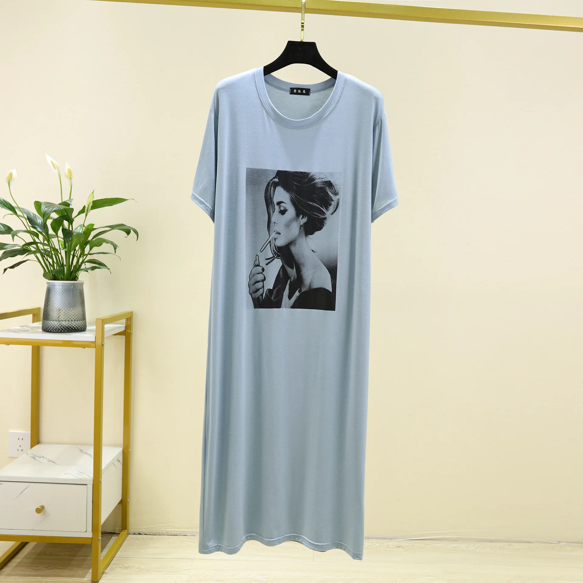 

Modal Round Neck Short Sleeve Dress Women's Summer New Print T-shirt Sleeping Loose Casual Long Thin Style Japan And South Kore