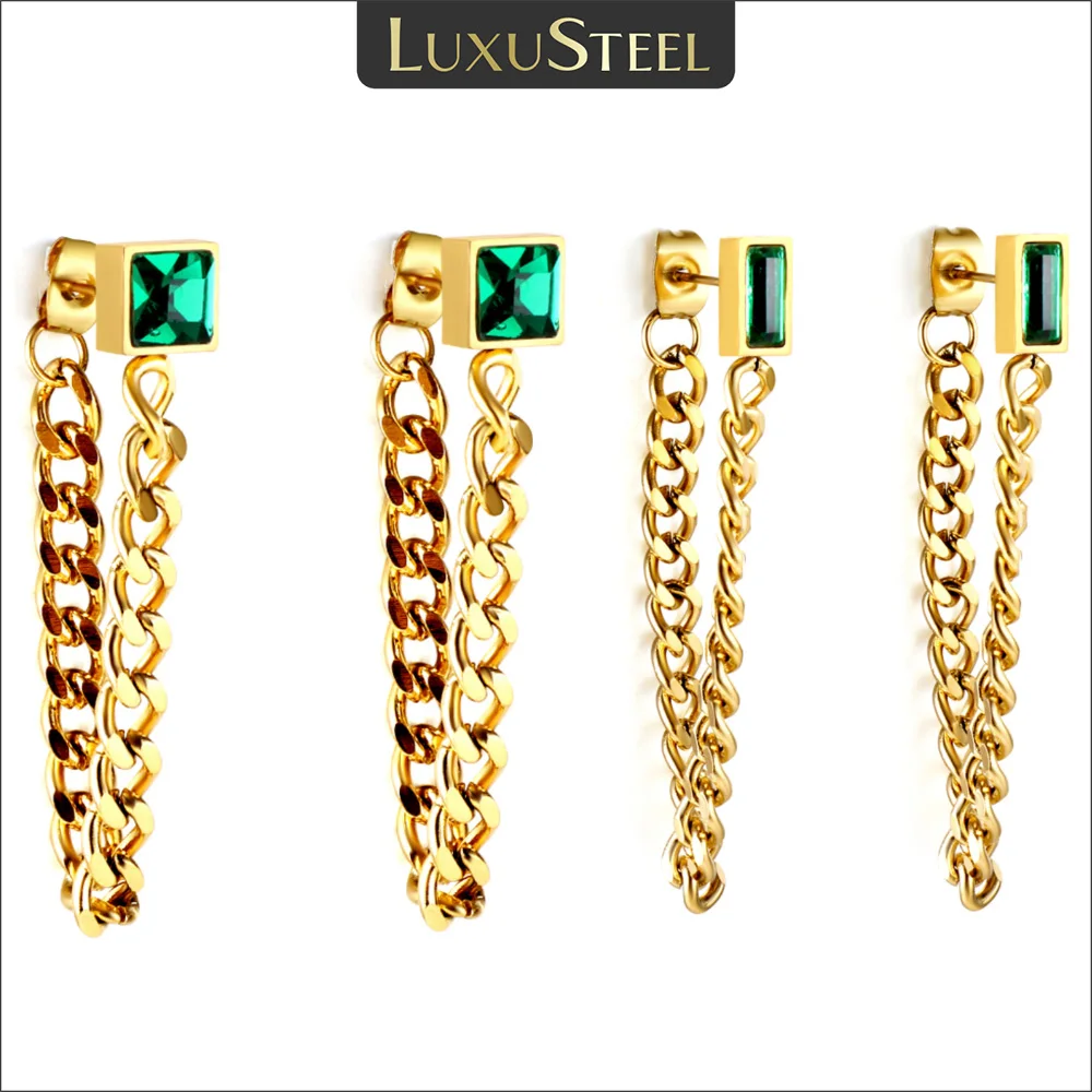 

LUXUSTEEL Miami Curb Chain Dangling Earrings For Women Girls Green Square Crystal CZ Stainless Steel Drop Earring Korean Jewelry